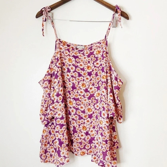 Daisy Floral Layered Cold Shoulder Top Tie Straps Sleeve Lightweight Size Medium - Picture 1 of 11